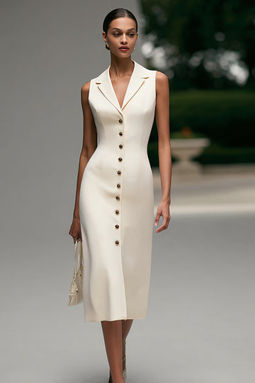 Crepe Ivory Sheath Peak Lapel Midi Work Dress
